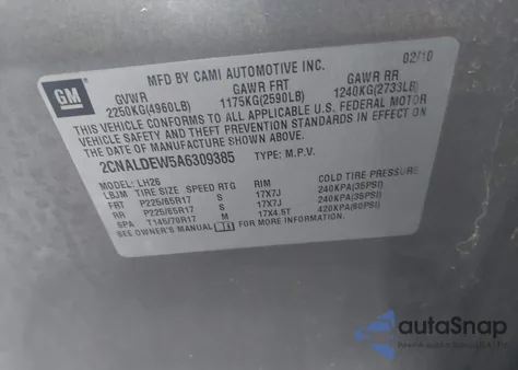 2010 Chevrolet Equinox Lt из США, поврежденный, VIN 2CNALDEW5A6309385